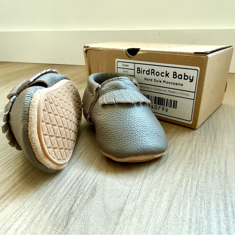 BirdRock Baby Gray Fringed Moccasins With Flexible Hard Sole | NWT